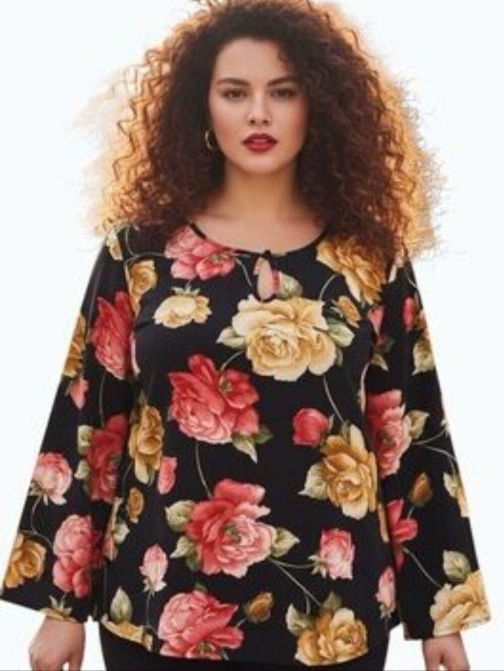 Delta Burke Black / Pink & Yellow Floral Long Slit Sleeve Oversized Blouse Sz 2X